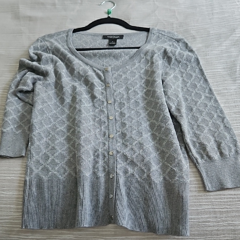 White House Black Market (WHBM) gray and silver metallic jacquard cardigan